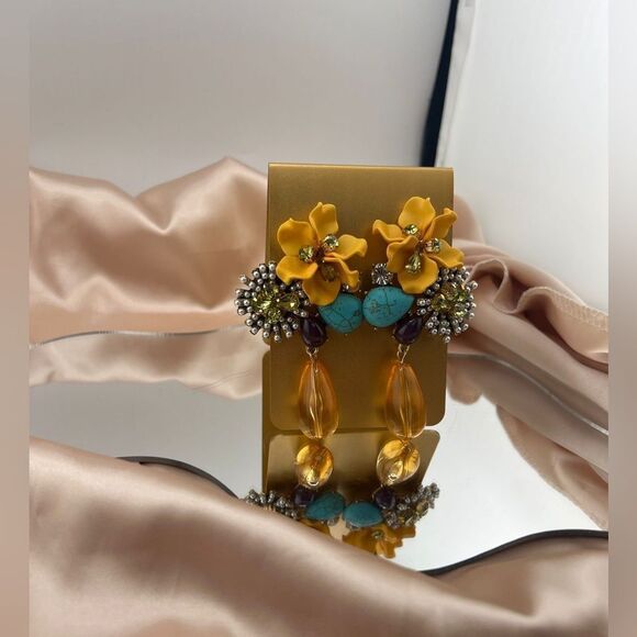 Vibrant Boho Floral and Gemstone Drop Earrings - Picture 7 of 8